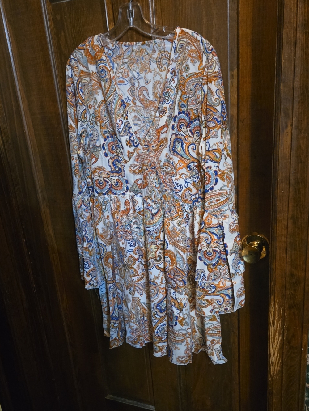 Boho Paisley Long-Sleeve Mini Dress in Cream, Orange & Blue New